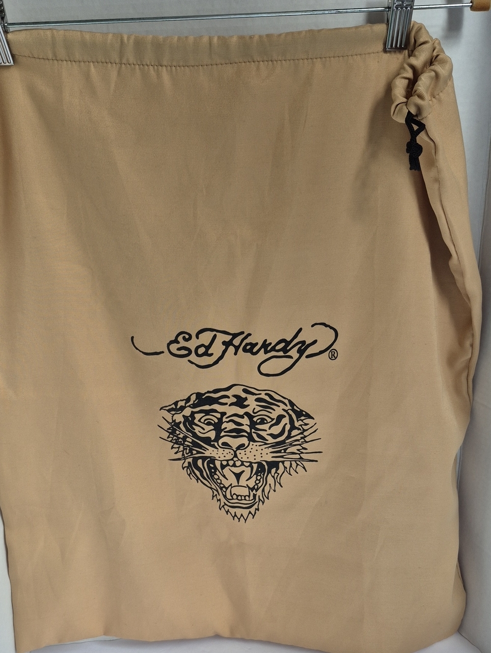 Ed Hardy Y2K Beige Vintage Oversize Drawstring Dust Bag Black Tiger Graphic